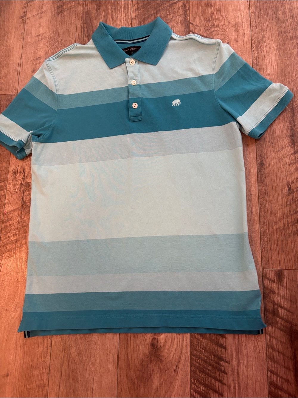 Banana Republic Striped Elephant Logo Polo Shirt Teal Blue Size Medium